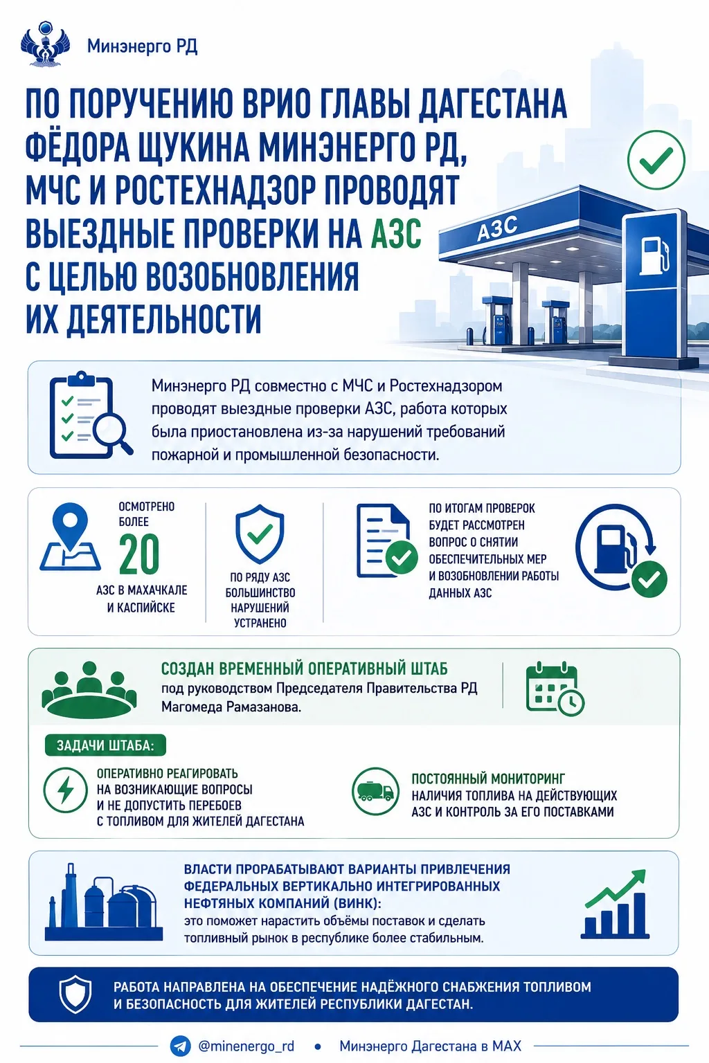По поручению врио Главы РД Минэнерго РД, МЧС и Ростехнадзор проводят выездные проверки на АЗС